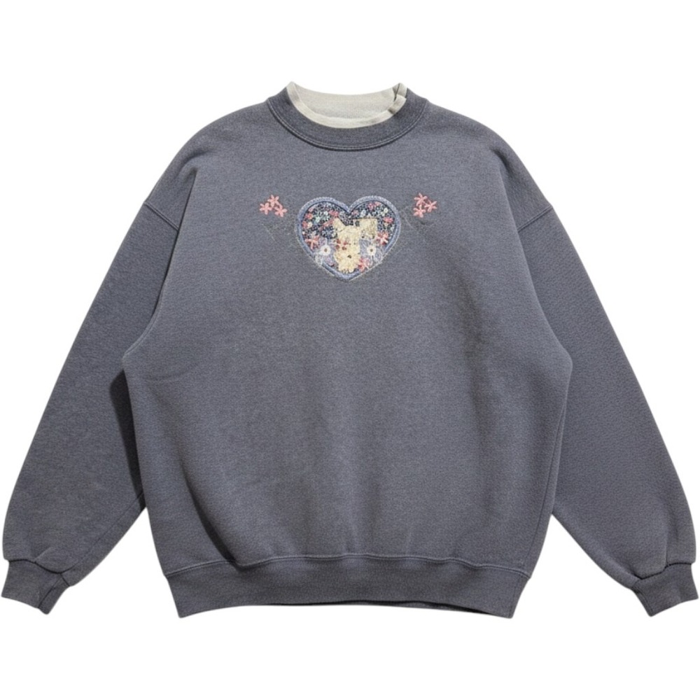 Vintage Lee Sweatshirt Double Collar Embroidered Heart Floral Cottagecore Large